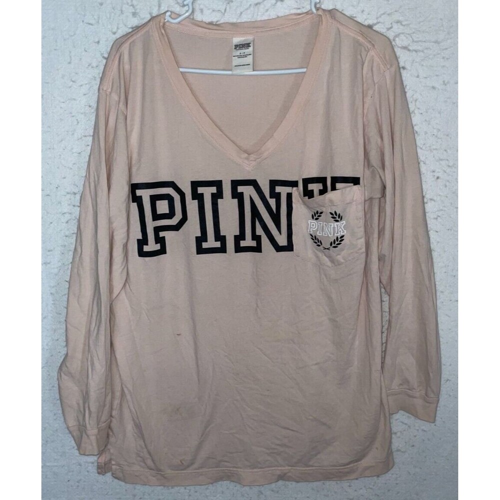 Victoria Secret PINK Shirt Tunic V Neck Tee Long Sleeve Pocket 100% Cotton Top